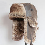 Bomber Hats Winter Men Warm Russian Ushanka Hat with Ear Flap Pu Leather